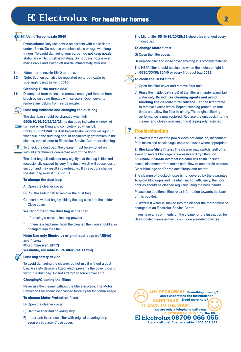 For healthier homes, Troubleshooting | Electrolux Z 5533 User Manual | Page 6 / 79