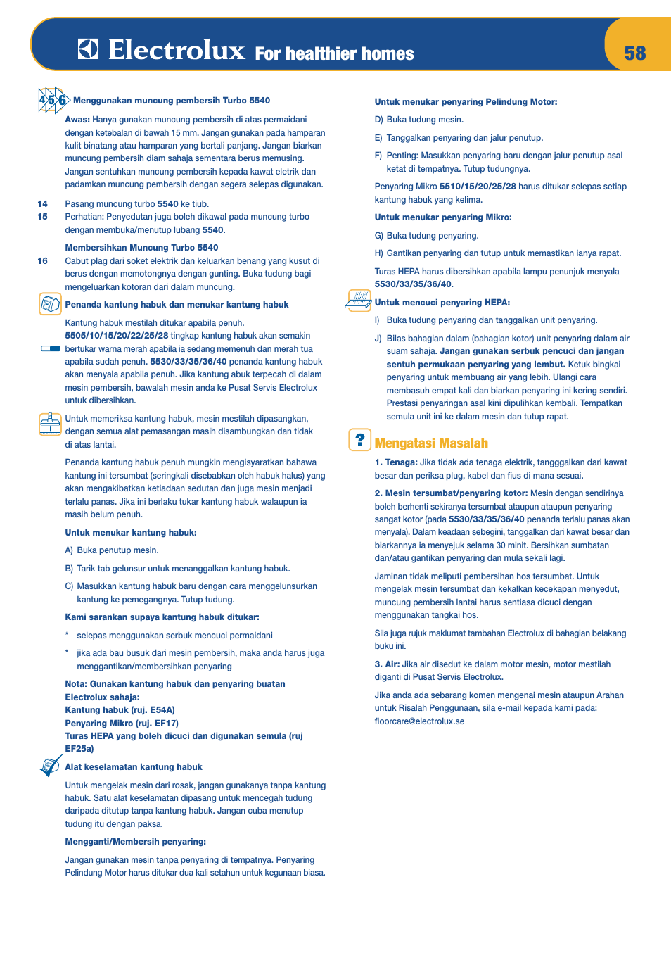 For healthier homes, Mengatasi masalah | Electrolux Z 5533 User Manual | Page 62 / 79