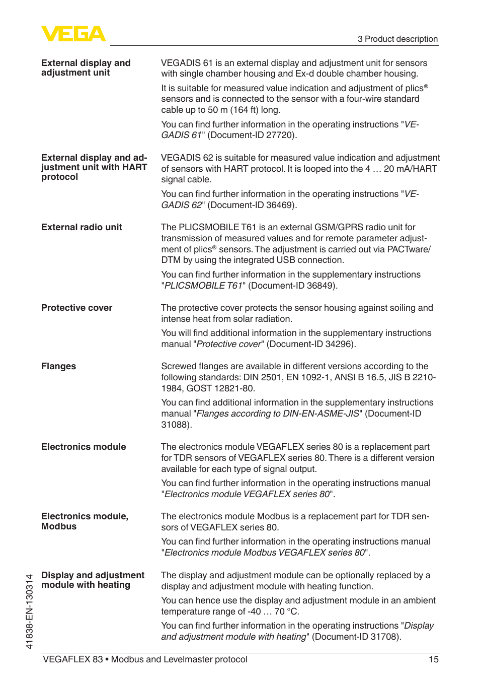 VEGA VEGAFLEX 83 Modbus and Levelmaster protocol PFA insulated User Manual | Page 15 / 96
