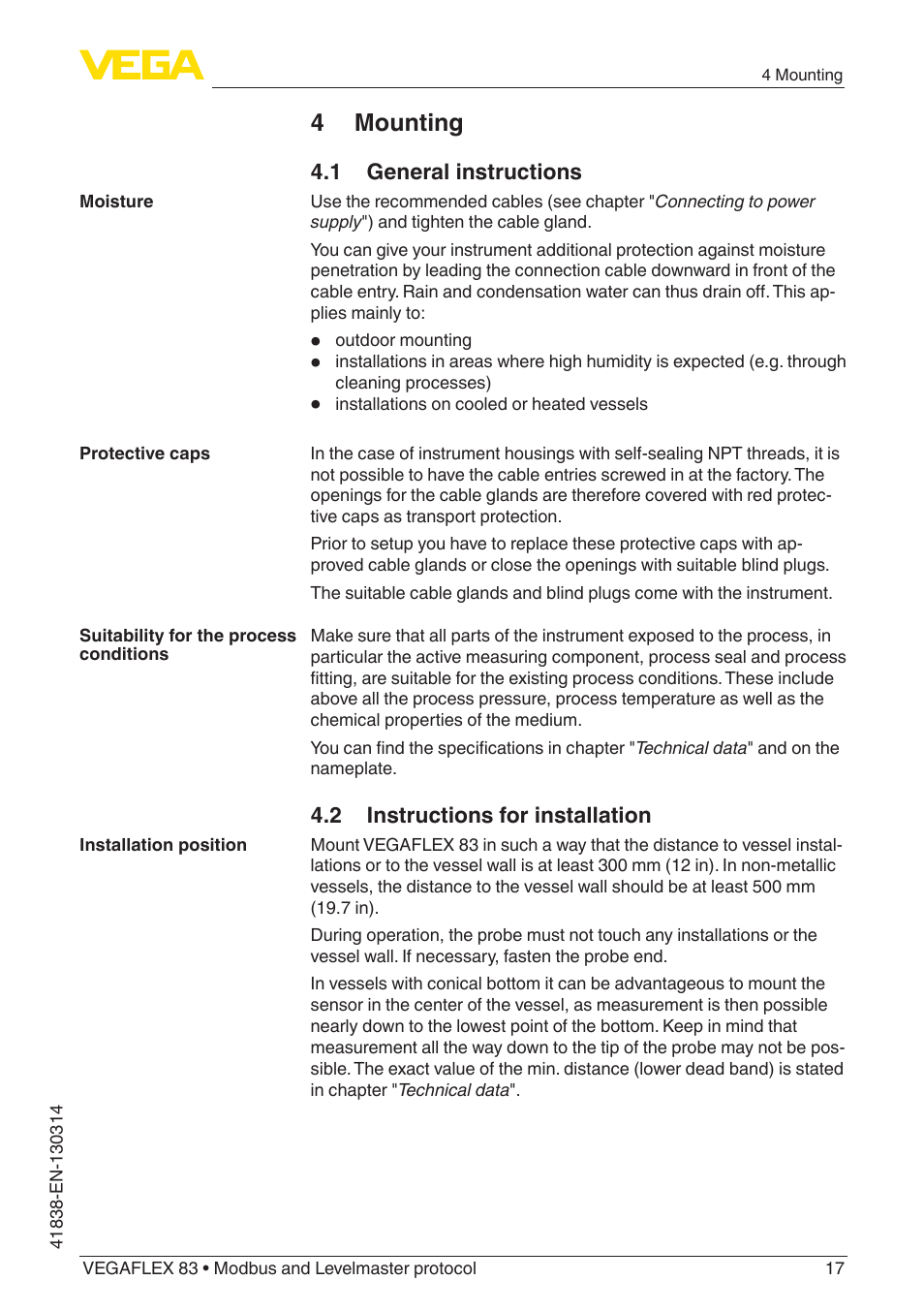 4 mounting | VEGA VEGAFLEX 83 Modbus and Levelmaster protocol PFA insulated User Manual | Page 17 / 96
