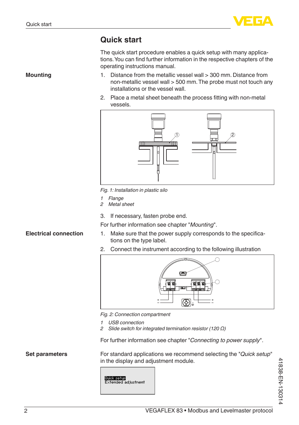 Quick start | VEGA VEGAFLEX 83 Modbus and Levelmaster protocol PFA insulated User Manual | Page 2 / 96