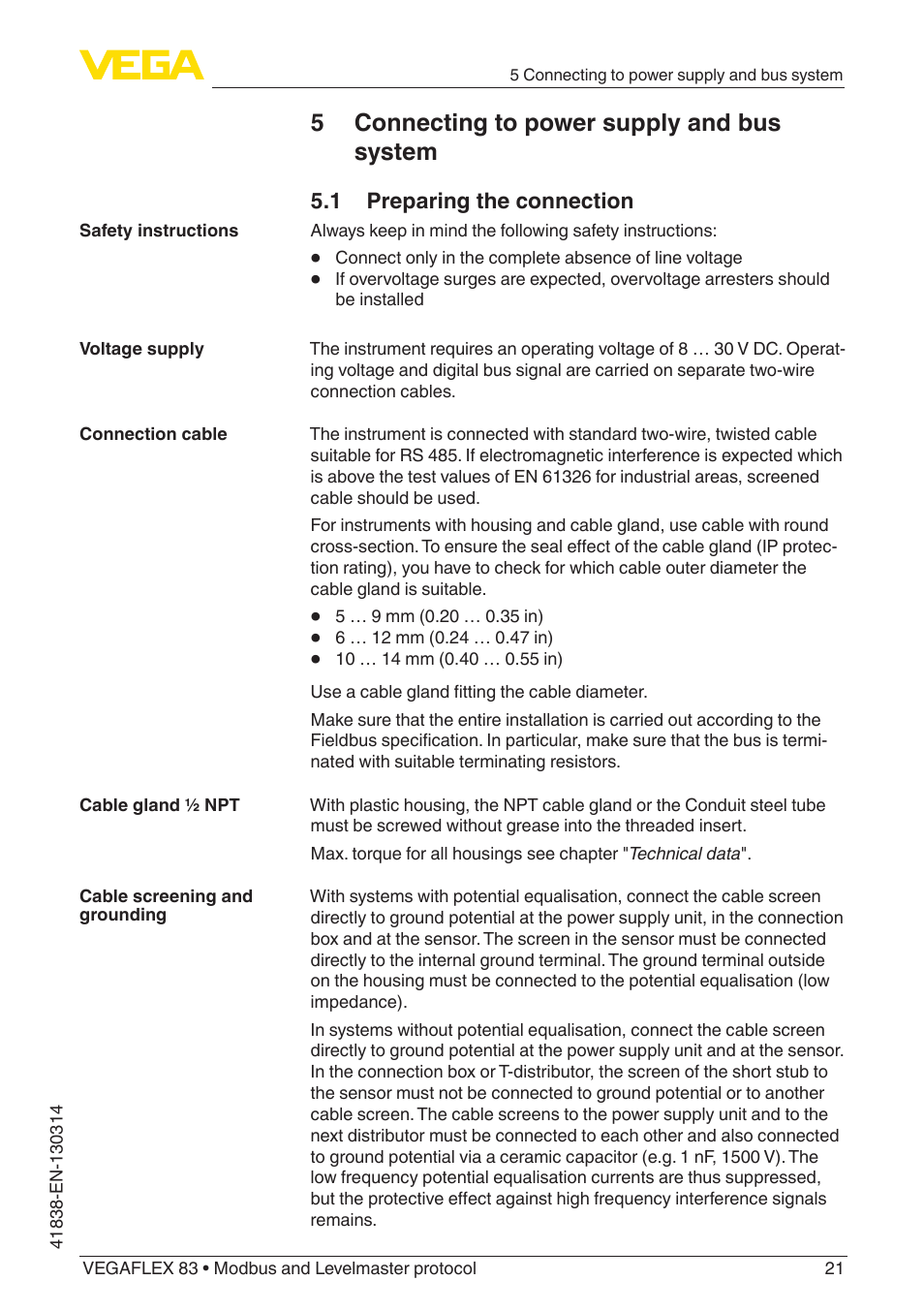 5 connecting to power supply and bus system | VEGA VEGAFLEX 83 Modbus and Levelmaster protocol PFA insulated User Manual | Page 21 / 96