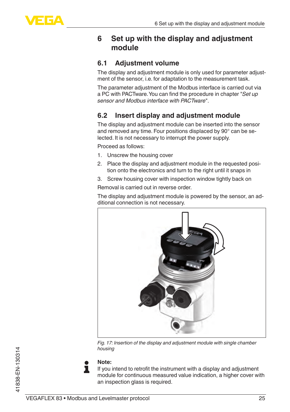 6 set up with the display and adjustment module, 1 adjustment volume, 2 insert display and adjustment module | VEGA VEGAFLEX 83 Modbus and Levelmaster protocol PFA insulated User Manual | Page 25 / 96