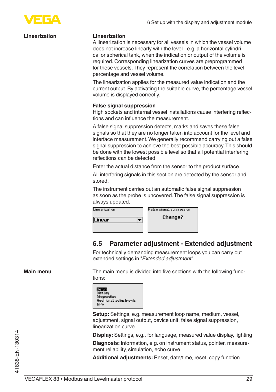 5 parameter adjustment - extended adjustment | VEGA VEGAFLEX 83 Modbus and Levelmaster protocol PFA insulated User Manual | Page 29 / 96