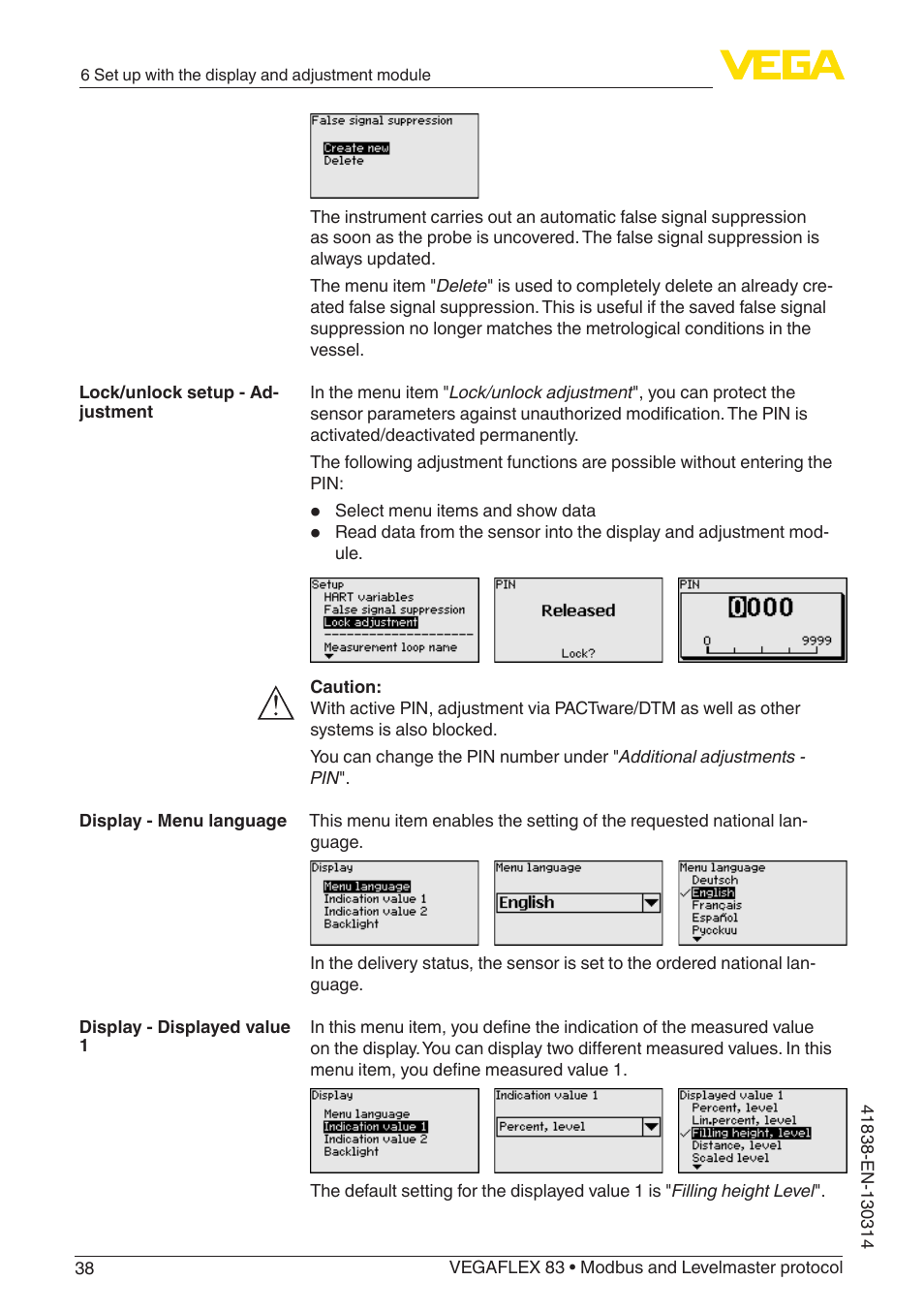 VEGA VEGAFLEX 83 Modbus and Levelmaster protocol PFA insulated User Manual | Page 38 / 96