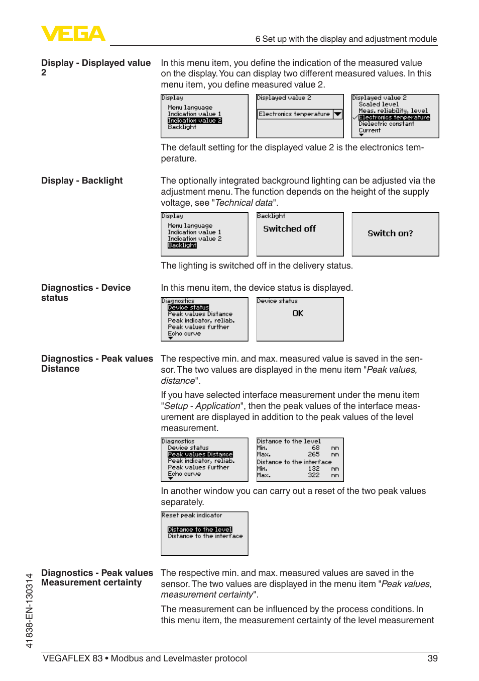 VEGA VEGAFLEX 83 Modbus and Levelmaster protocol PFA insulated User Manual | Page 39 / 96