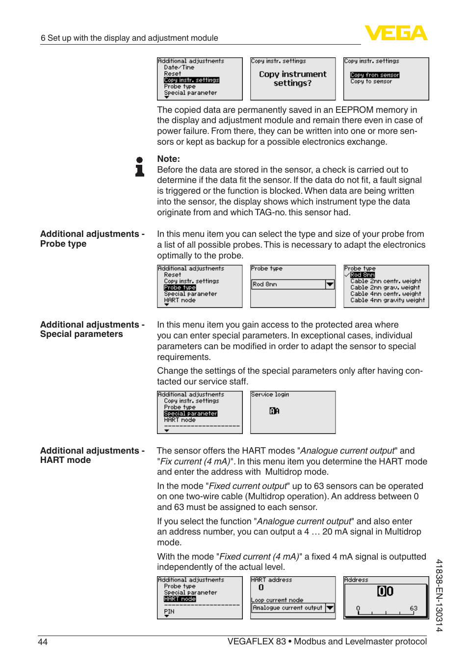 VEGA VEGAFLEX 83 Modbus and Levelmaster protocol PFA insulated User Manual | Page 44 / 96