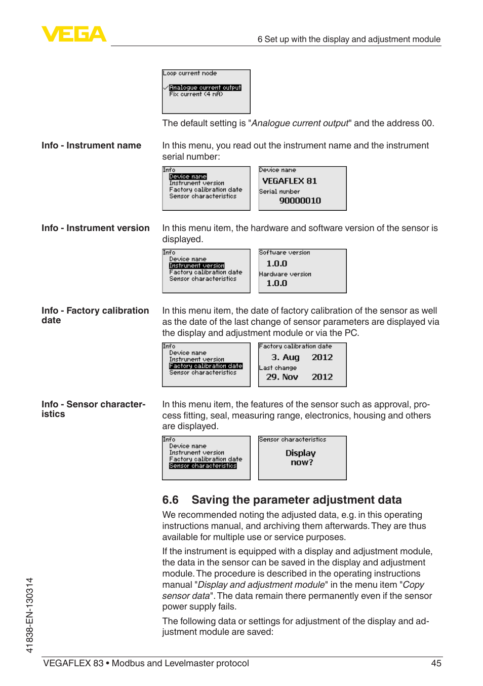 6 saving the parameter adjustment data | VEGA VEGAFLEX 83 Modbus and Levelmaster protocol PFA insulated User Manual | Page 45 / 96