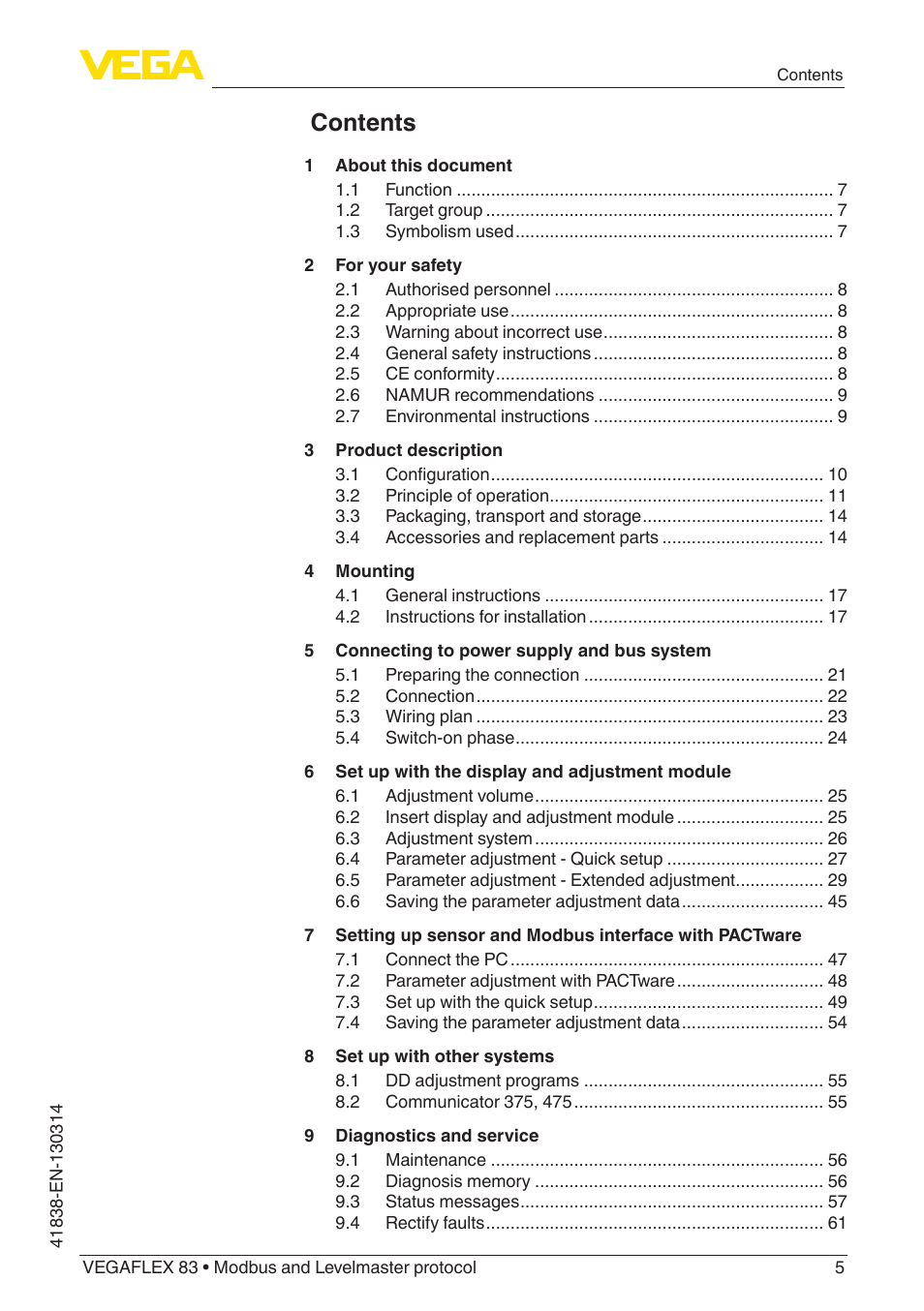 VEGA VEGAFLEX 83 Modbus and Levelmaster protocol PFA insulated User Manual | Page 5 / 96