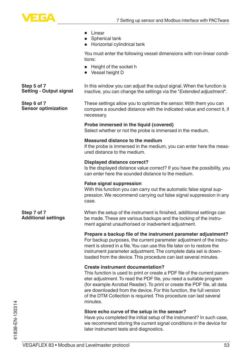 VEGA VEGAFLEX 83 Modbus and Levelmaster protocol PFA insulated User Manual | Page 53 / 96