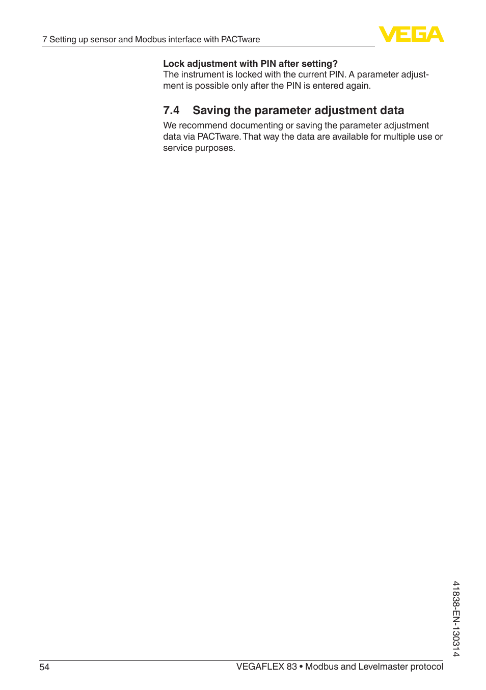 4 saving the parameter adjustment data | VEGA VEGAFLEX 83 Modbus and Levelmaster protocol PFA insulated User Manual | Page 54 / 96