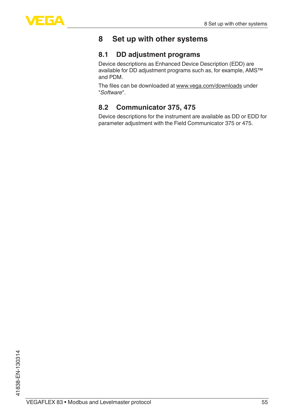 8 set up with other systems | VEGA VEGAFLEX 83 Modbus and Levelmaster protocol PFA insulated User Manual | Page 55 / 96