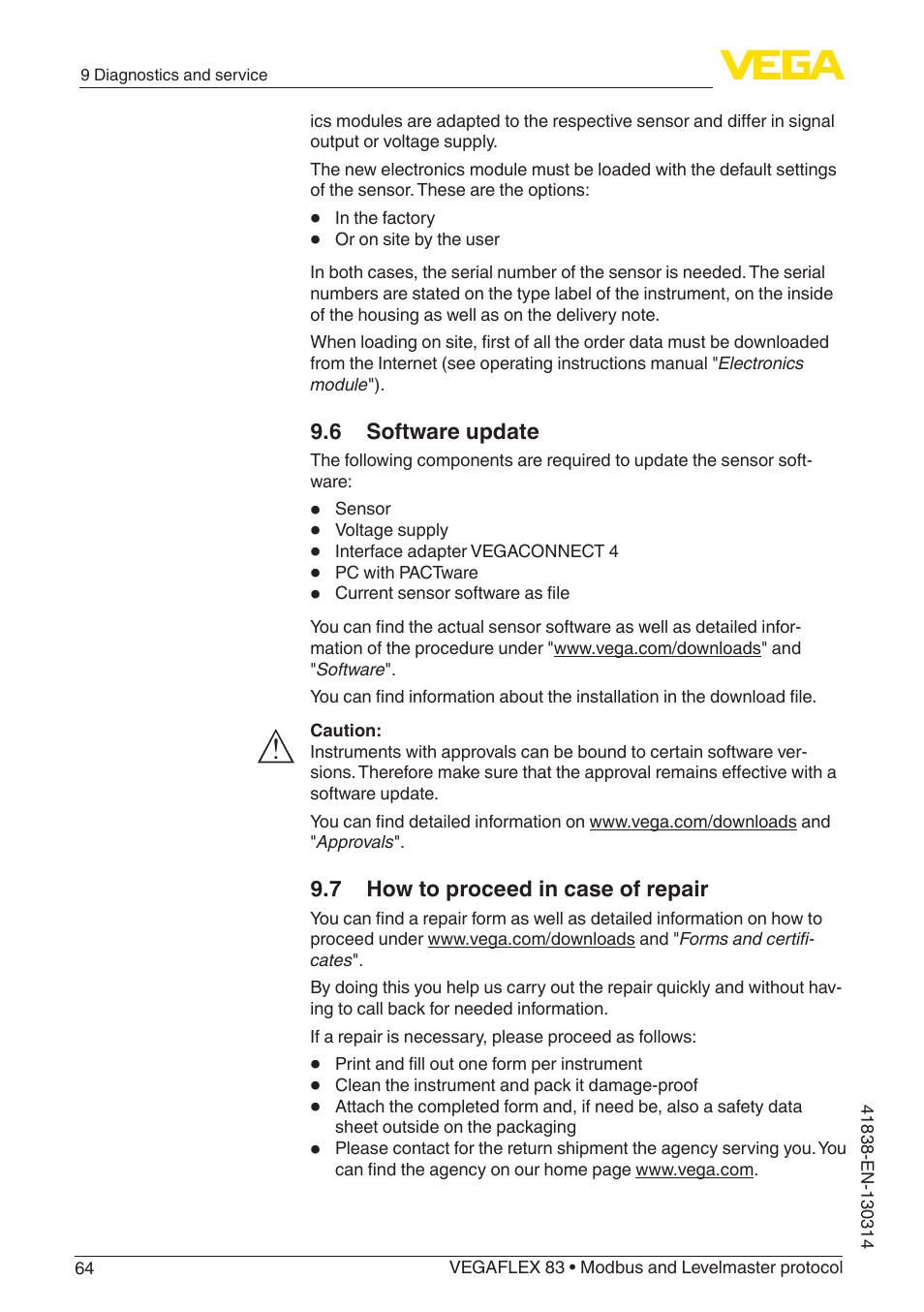 VEGA VEGAFLEX 83 Modbus and Levelmaster protocol PFA insulated User Manual | Page 64 / 96