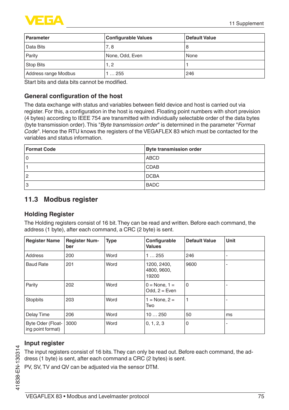 3 modbus register, General configuration of the host, Holding register | Input register | VEGA VEGAFLEX 83 Modbus and Levelmaster protocol PFA insulated User Manual | Page 75 / 96