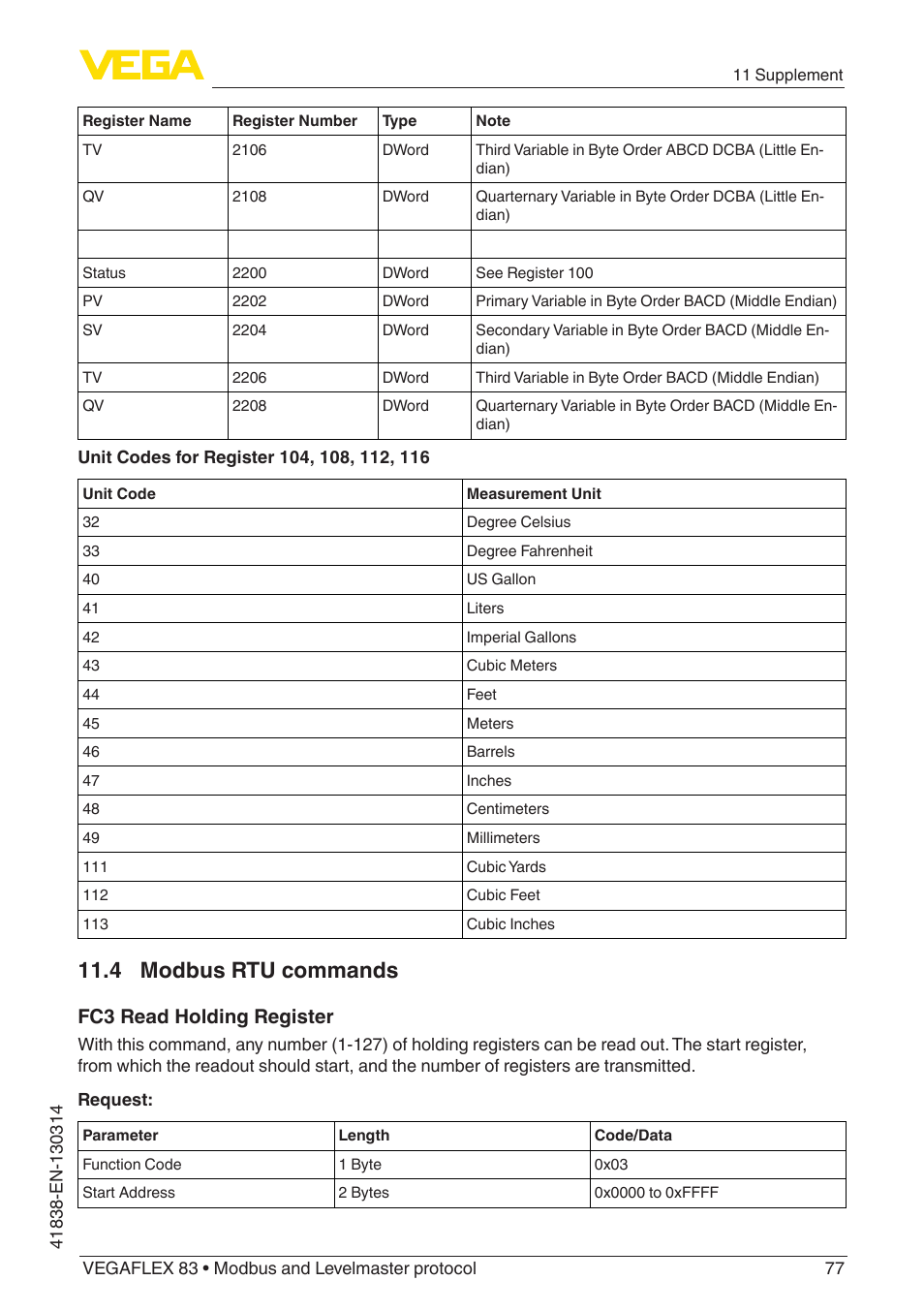 4 modbus rtu commands, Fc3 read holding register | VEGA VEGAFLEX 83 Modbus and Levelmaster protocol PFA insulated User Manual | Page 77 / 96