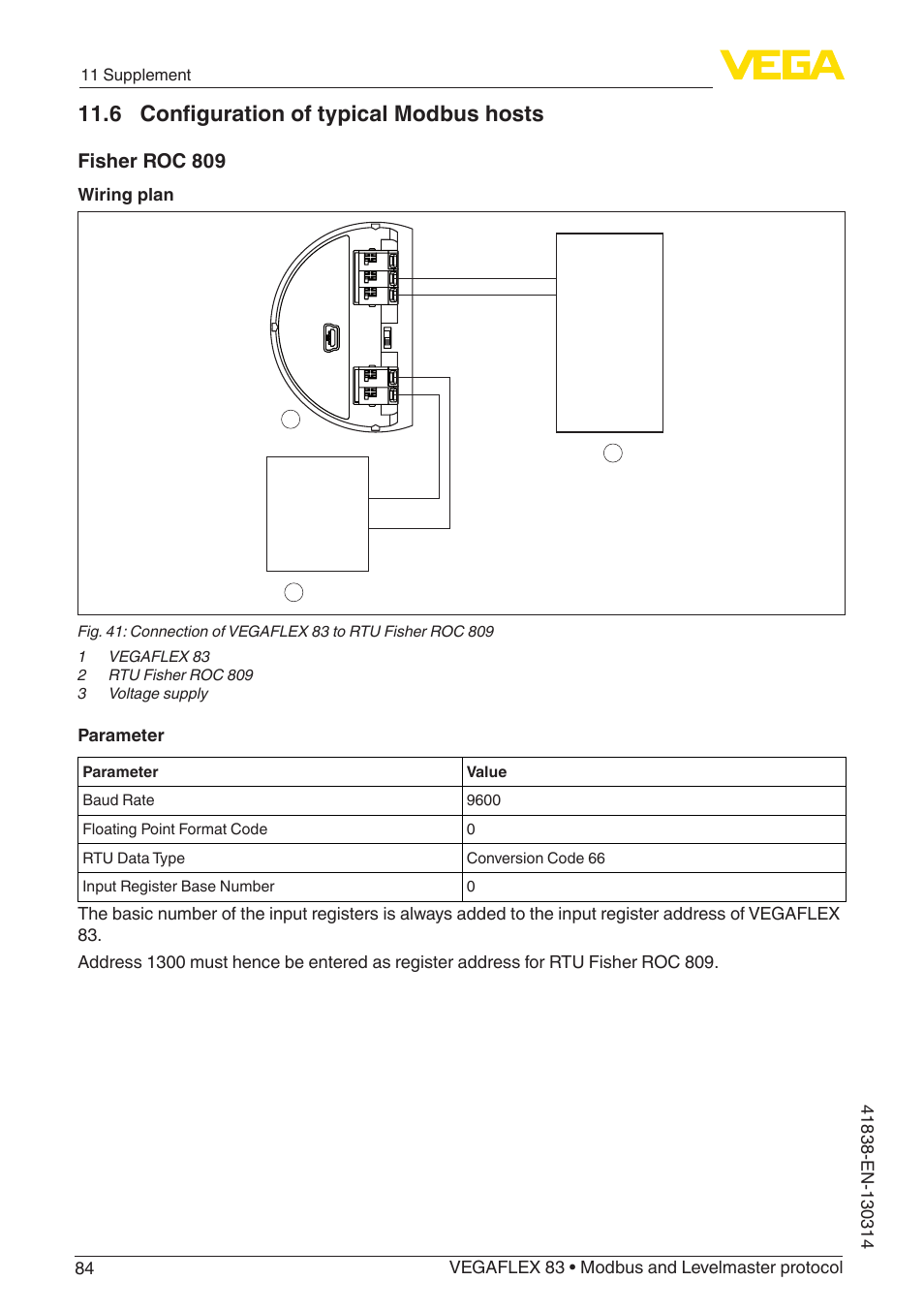 6 configuration of typical modbus hosts, Fisher roc 809, Wiring plan | Parameter, 11 supplement | VEGA VEGAFLEX 83 Modbus and Levelmaster protocol PFA insulated User Manual | Page 84 / 96