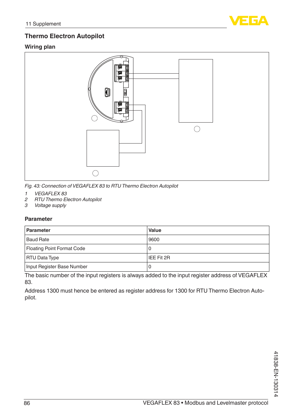 Thermo electron autopilot, Wiring plan, Parameter | 11 supplement | VEGA VEGAFLEX 83 Modbus and Levelmaster protocol PFA insulated User Manual | Page 86 / 96