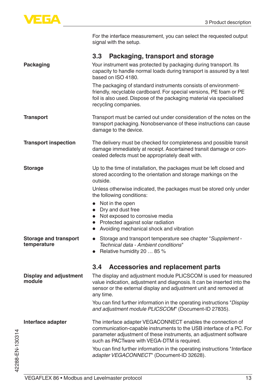 VEGA VEGAFLEX 86 Modbus and Levelmaster protocol Coax probe User Manual | Page 13 / 92