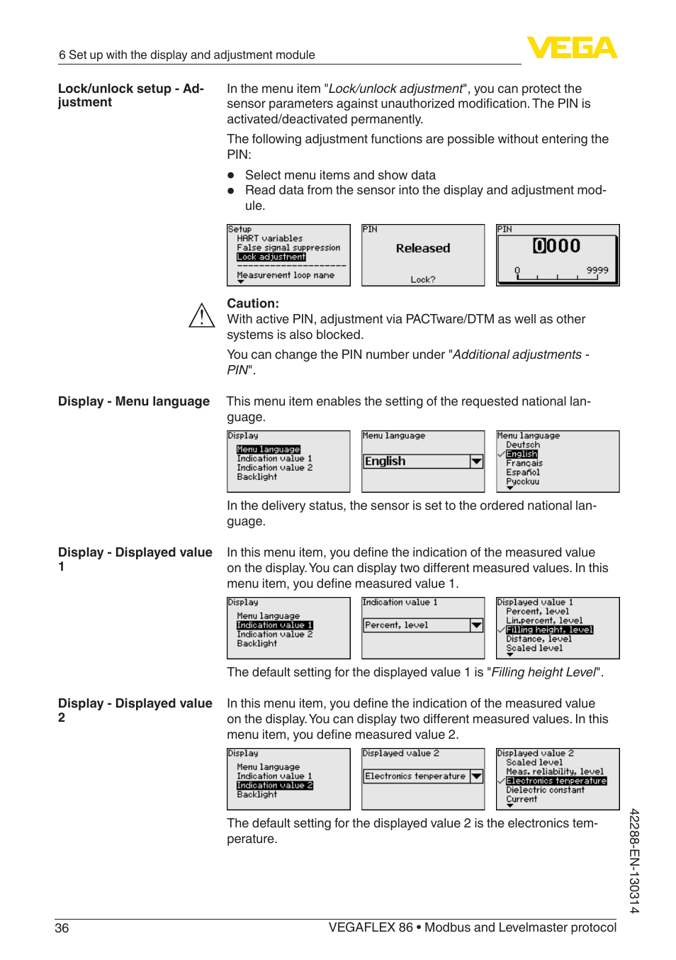 VEGA VEGAFLEX 86 Modbus and Levelmaster protocol Coax probe User Manual | Page 36 / 92