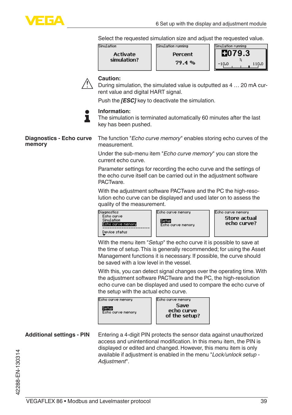 VEGA VEGAFLEX 86 Modbus and Levelmaster protocol Coax probe User Manual | Page 39 / 92