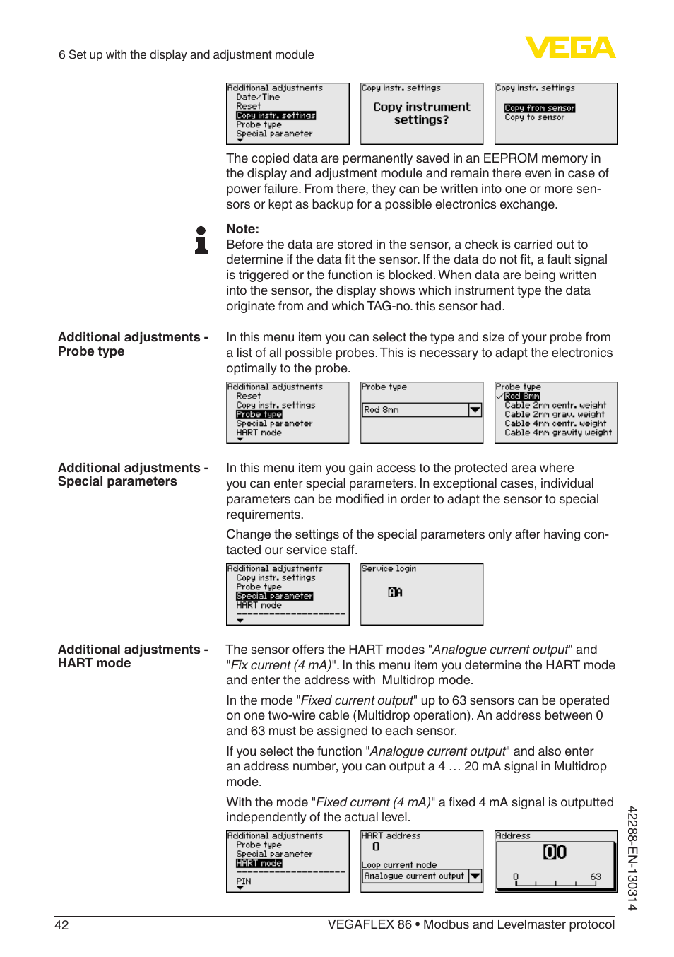 VEGA VEGAFLEX 86 Modbus and Levelmaster protocol Coax probe User Manual | Page 42 / 92