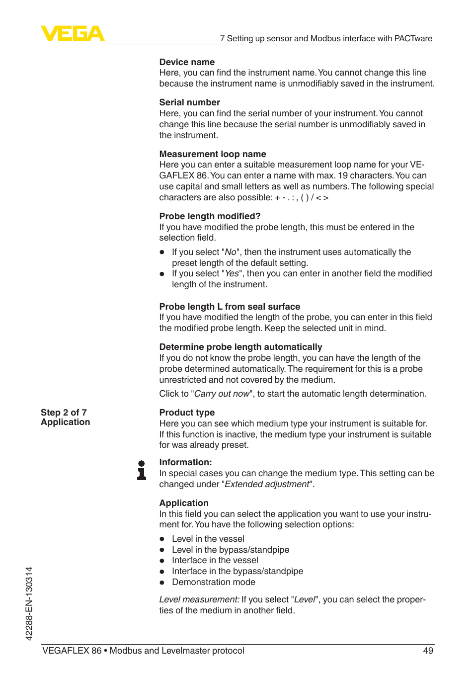 VEGA VEGAFLEX 86 Modbus and Levelmaster protocol Coax probe User Manual | Page 49 / 92