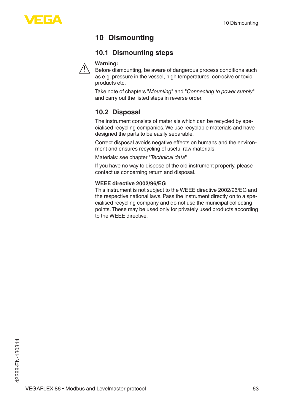 10 dismounting | VEGA VEGAFLEX 86 Modbus and Levelmaster protocol Coax probe User Manual | Page 63 / 92