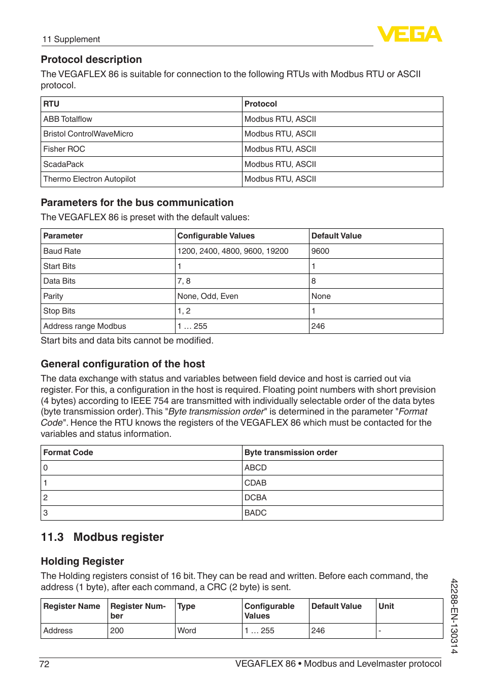 3 modbus register, Protocol description, Parameters for the bus communication | General configuration of the host, Holding register | VEGA VEGAFLEX 86 Modbus and Levelmaster protocol Coax probe User Manual | Page 72 / 92