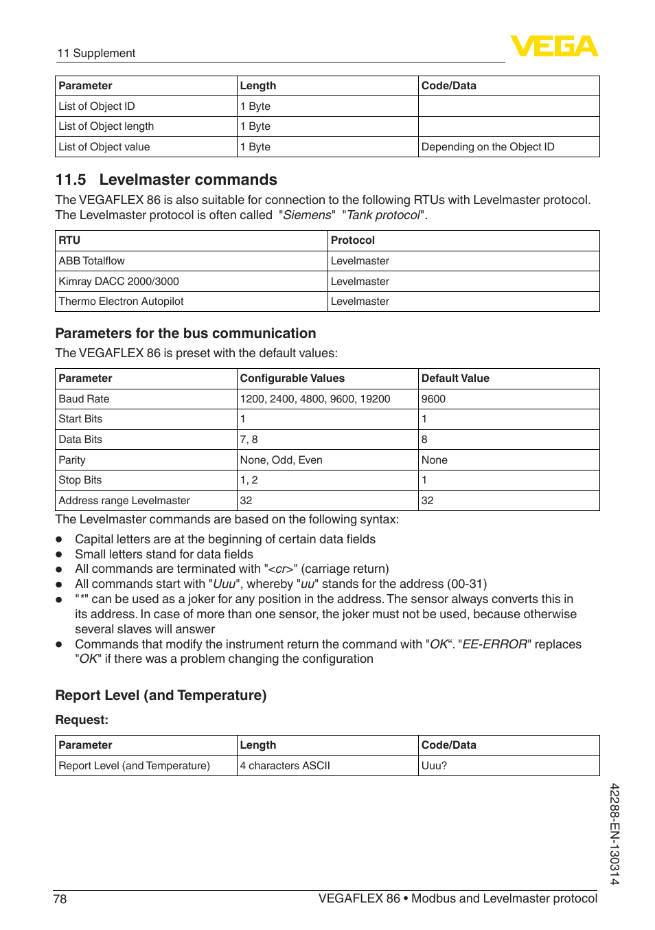 5 levelmaster commands | VEGA VEGAFLEX 86 Modbus and Levelmaster protocol Coax probe User Manual | Page 78 / 92