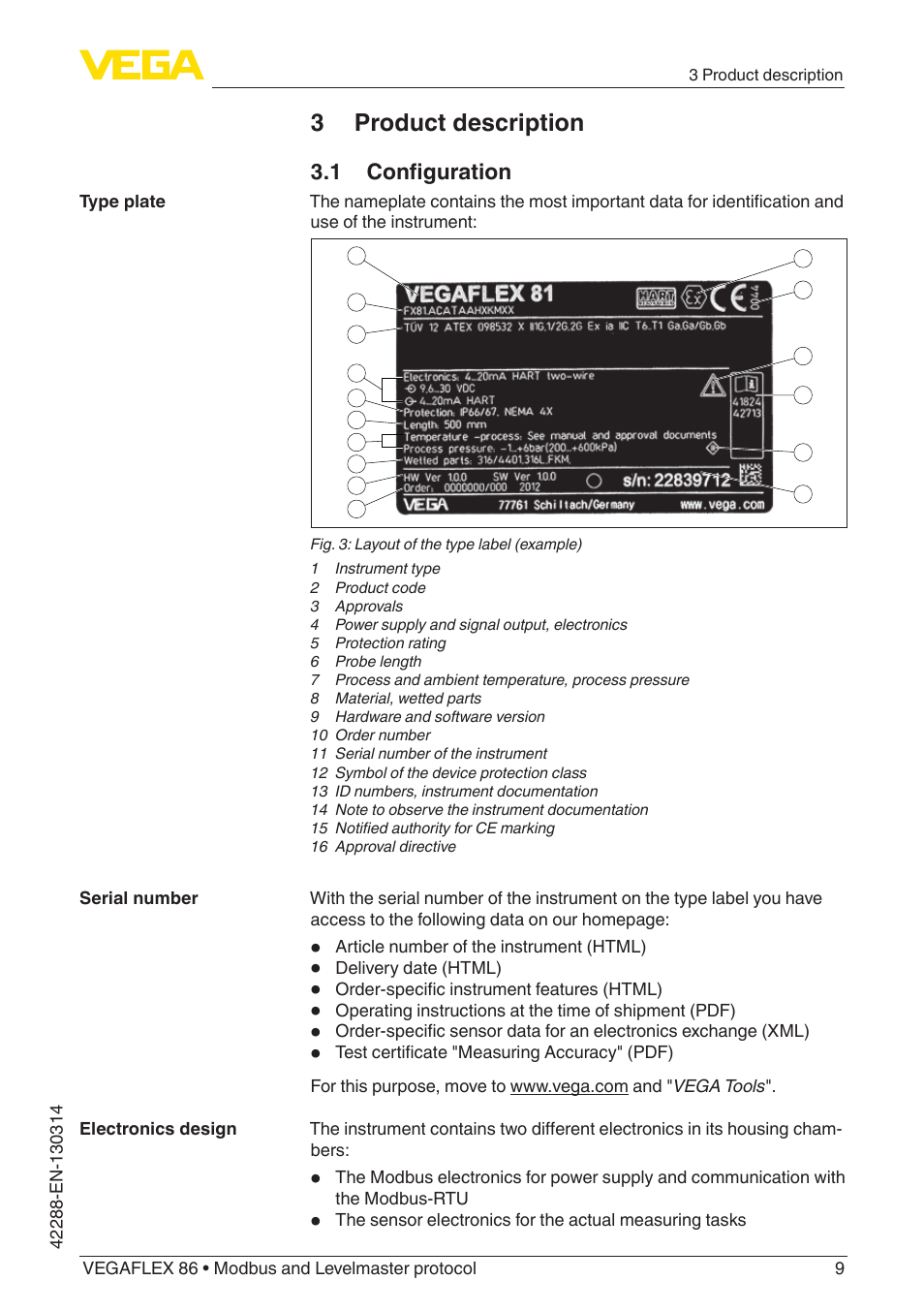 3 product description, 1 configuration | VEGA VEGAFLEX 86 Modbus and Levelmaster protocol Coax probe User Manual | Page 9 / 92