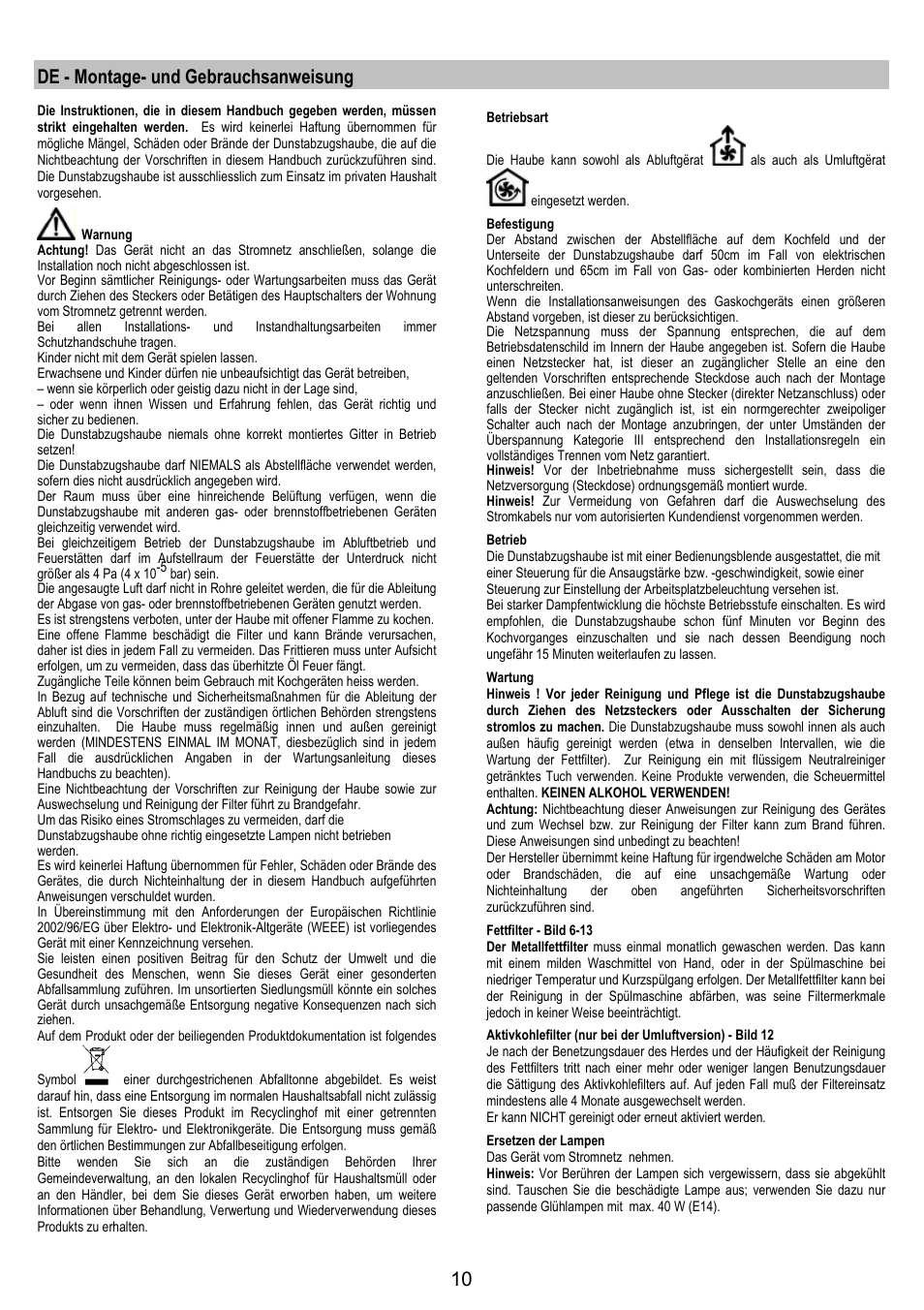 De - montage- und gebrauchsanweisung | Electrolux EFT 531 W User Manual | Page 10 / 40