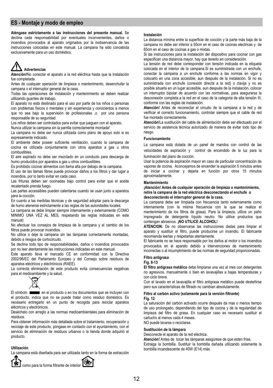 Es - montaje y modo de empleo | Electrolux EFT 531 W User Manual | Page 12 / 40