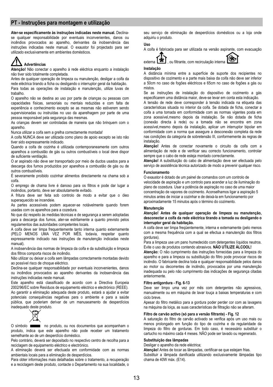 Pt - instruções para montagem e utilização | Electrolux EFT 531 W User Manual | Page 13 / 40