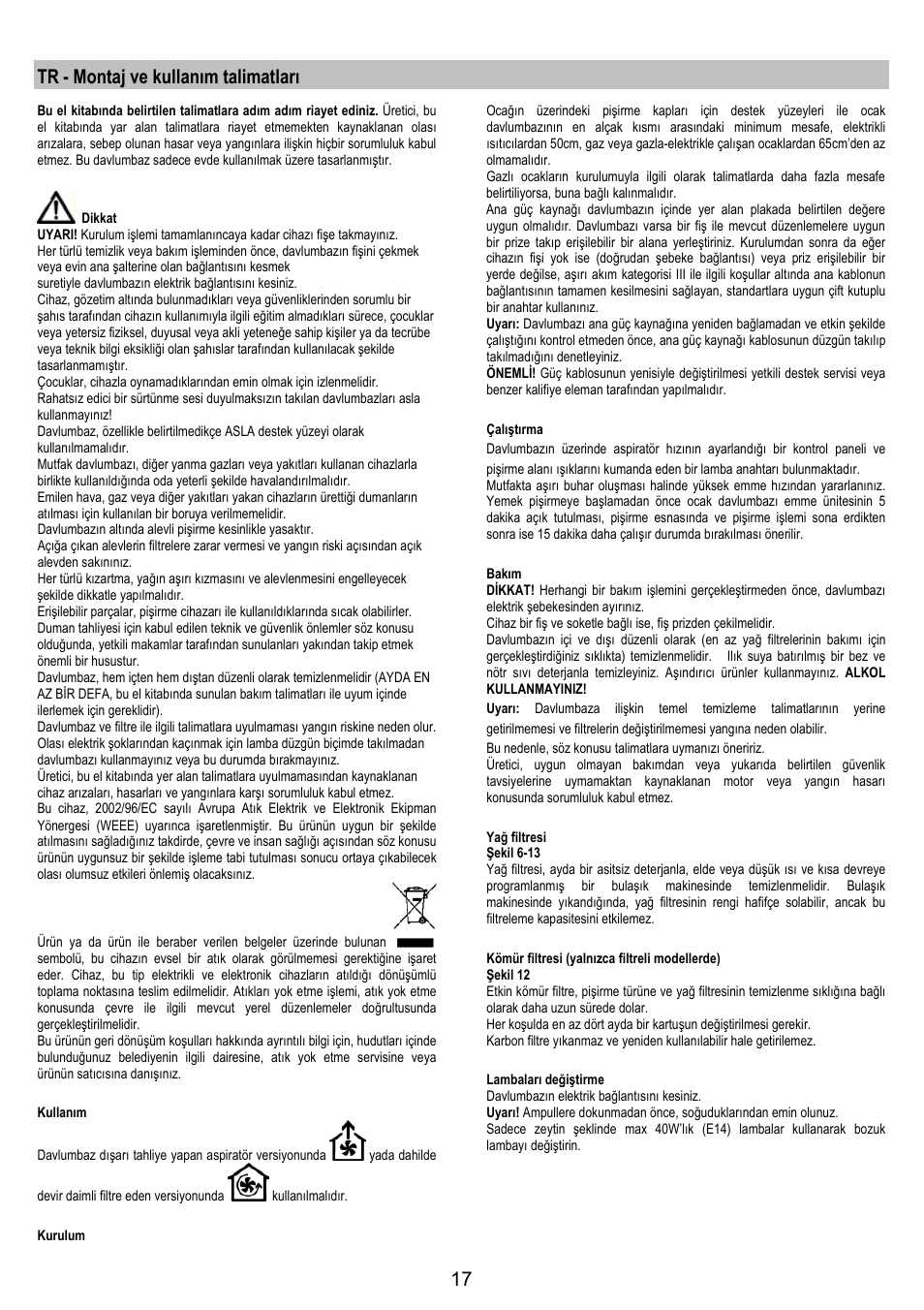 Tr - montaj ve kullanım talimatları | Electrolux EFT 531 W User Manual | Page 17 / 40