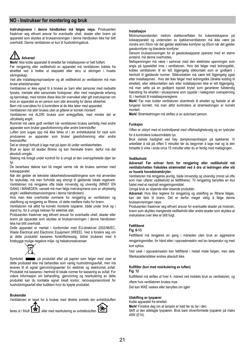 No - instrukser for montering og bruk | Electrolux EFT 531 W User Manual | Page 21 / 40