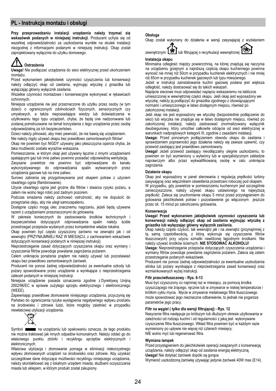 Pl - instrukcja montażu i obsługi | Electrolux EFT 531 W User Manual | Page 24 / 40