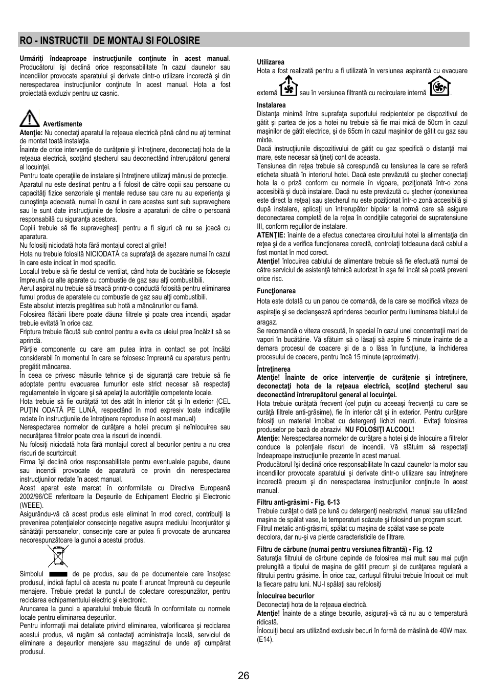 Ro - instructii de montaj si folosire | Electrolux EFT 531 W User Manual | Page 26 / 40