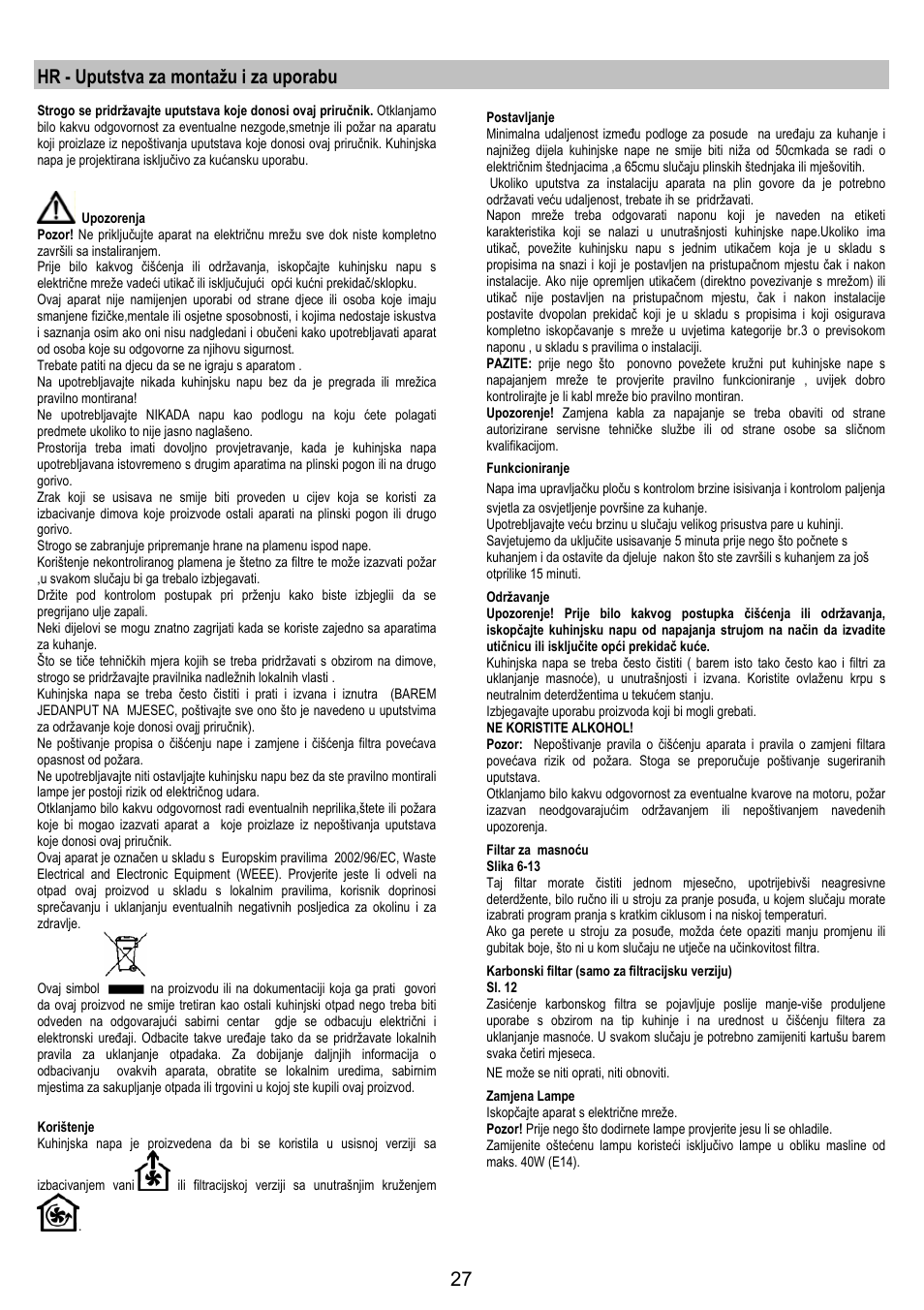 Hr - uputstva za montažu i za uporabu | Electrolux EFT 531 W User Manual | Page 27 / 40