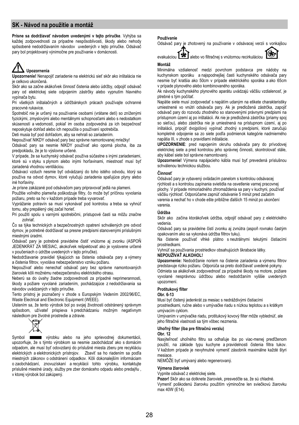 Sk - návod na použitie a montáž | Electrolux EFT 531 W User Manual | Page 28 / 40