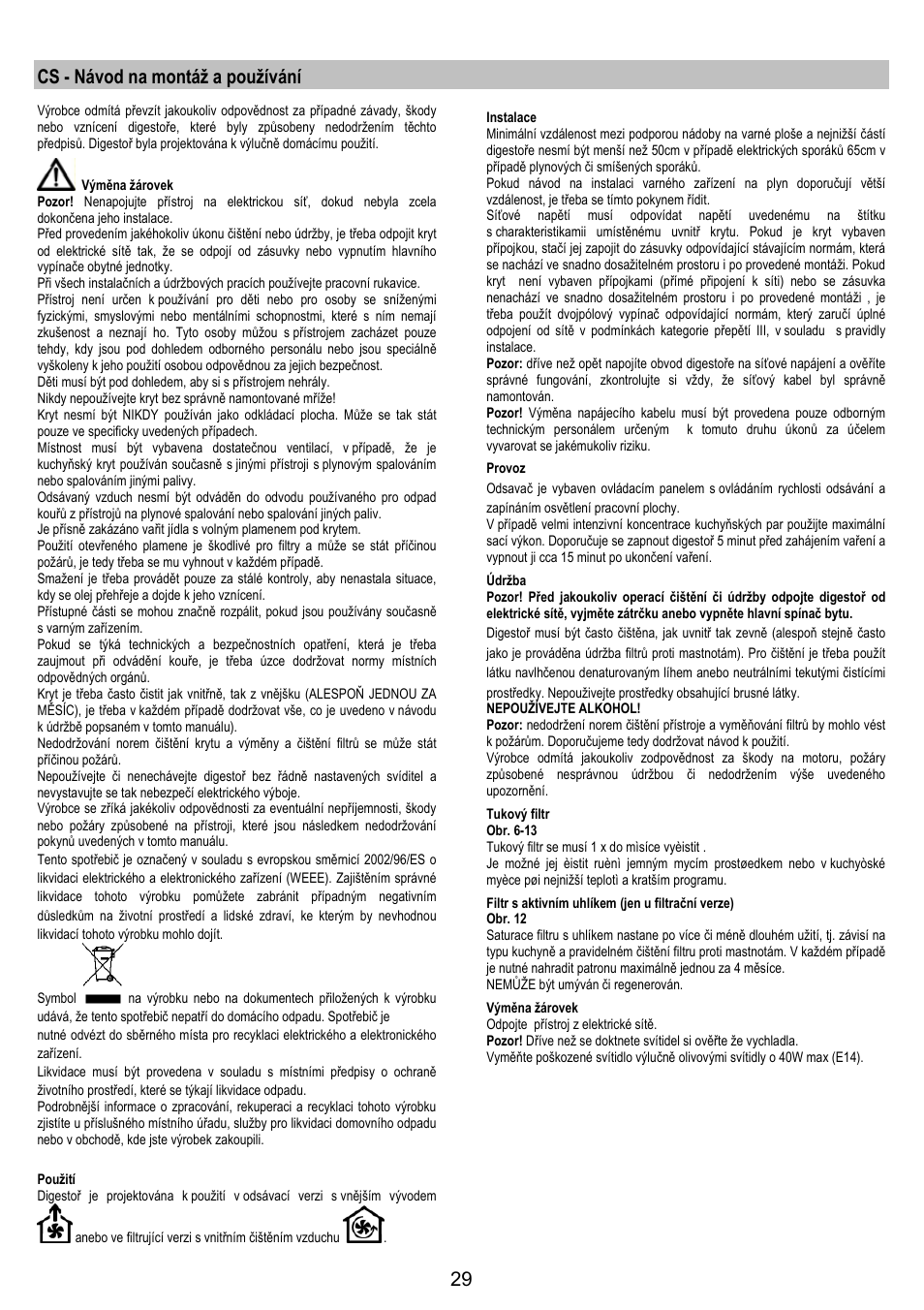 Cs - návod na montáž a používání | Electrolux EFT 531 W User Manual | Page 29 / 40