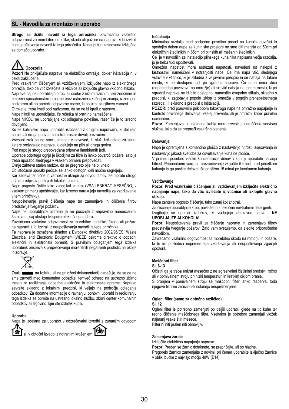 Sl - navodila za montažo in uporabo | Electrolux EFT 531 W User Manual | Page 30 / 40