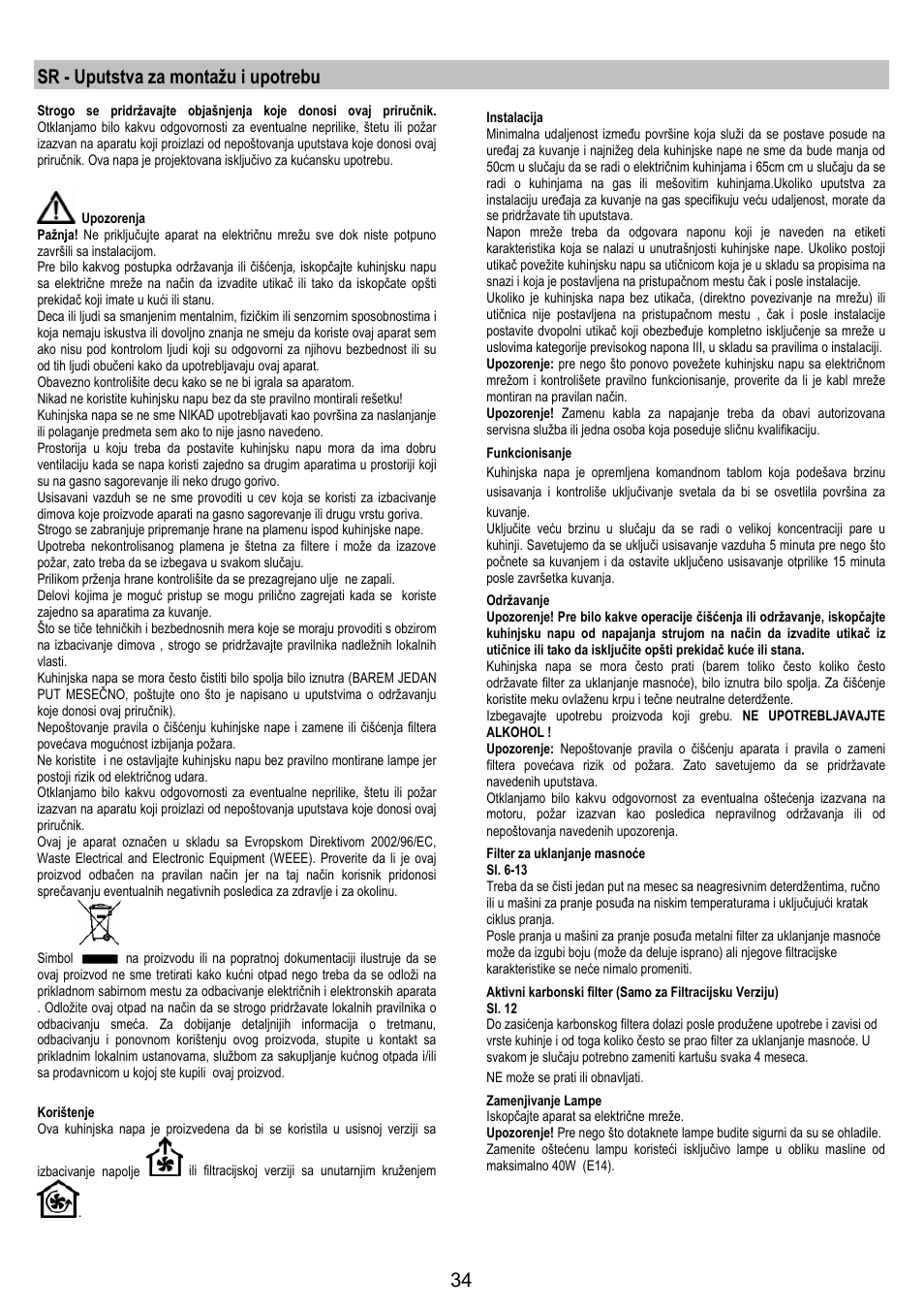 Sr - uputstva za montažu i upotrebu | Electrolux EFT 531 W User Manual | Page 34 / 40