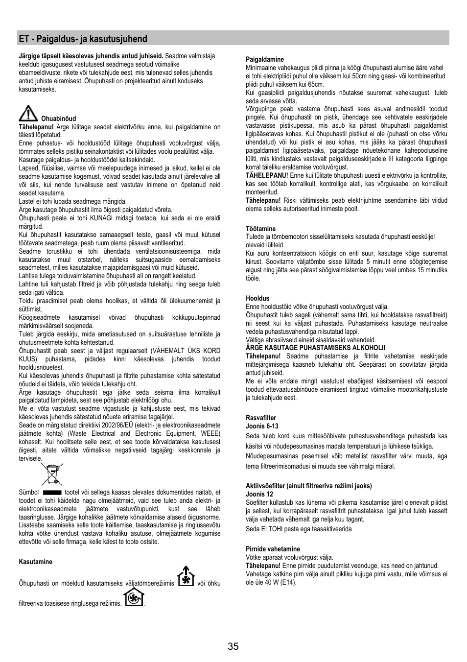 Et - paigaldus- ja kasutusjuhend | Electrolux EFT 531 W User Manual | Page 35 / 40