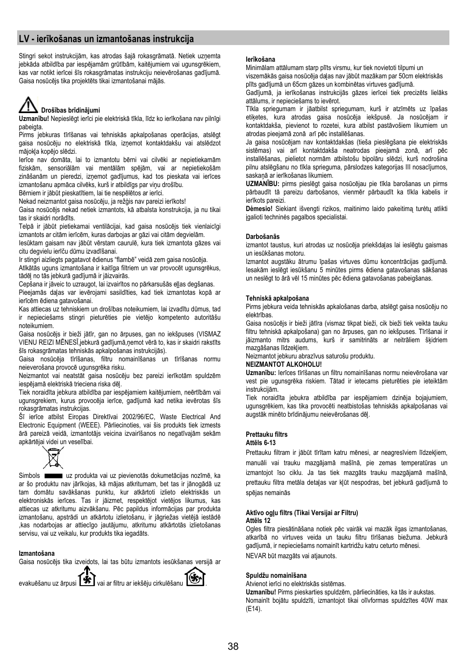 Lv - ierīkošanas un izmantošanas instrukcija | Electrolux EFT 531 W User Manual | Page 38 / 40