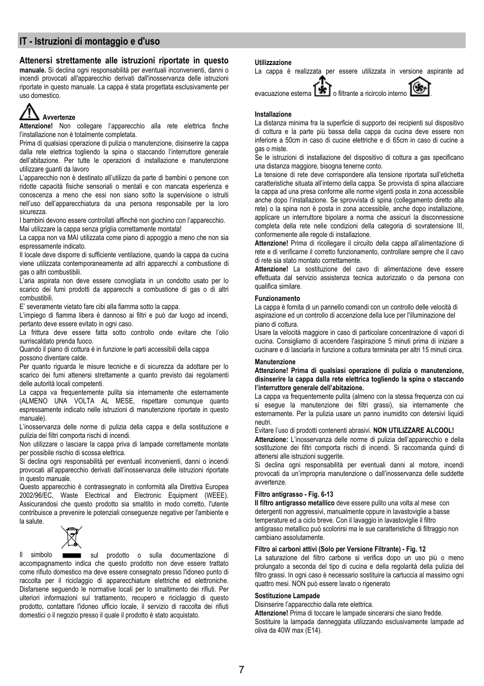 It - istruzioni di montaggio e d'uso | Electrolux EFT 531 W User Manual | Page 7 / 40