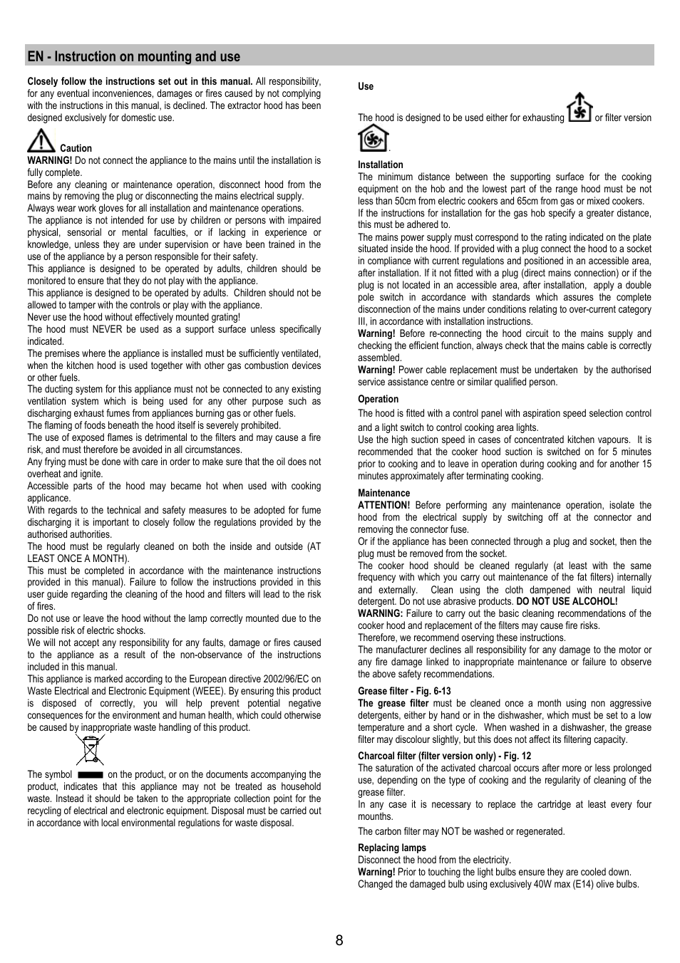 En - instruction on mounting and use | Electrolux EFT 531 W User Manual | Page 8 / 40