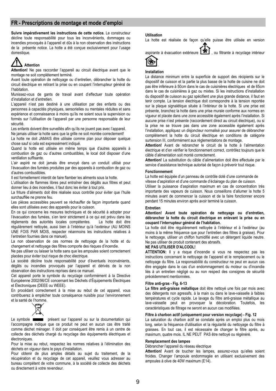 Fr - prescriptions de montage et mode d’emploi | Electrolux EFT 531 W User Manual | Page 9 / 40