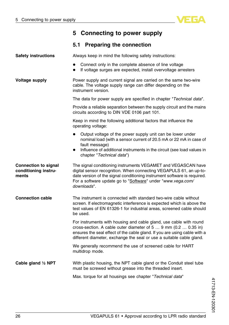 5 connecting to power supply, 1 preparing the connection, 5connecting to power supply | VEGA VEGAPULS 61 (≥ 2.0.0 - ≥ 4.0.0) 4 … 20 mA_HART - two-wire Approval according to LPR radio standard User Manual | Page 26 / 88
