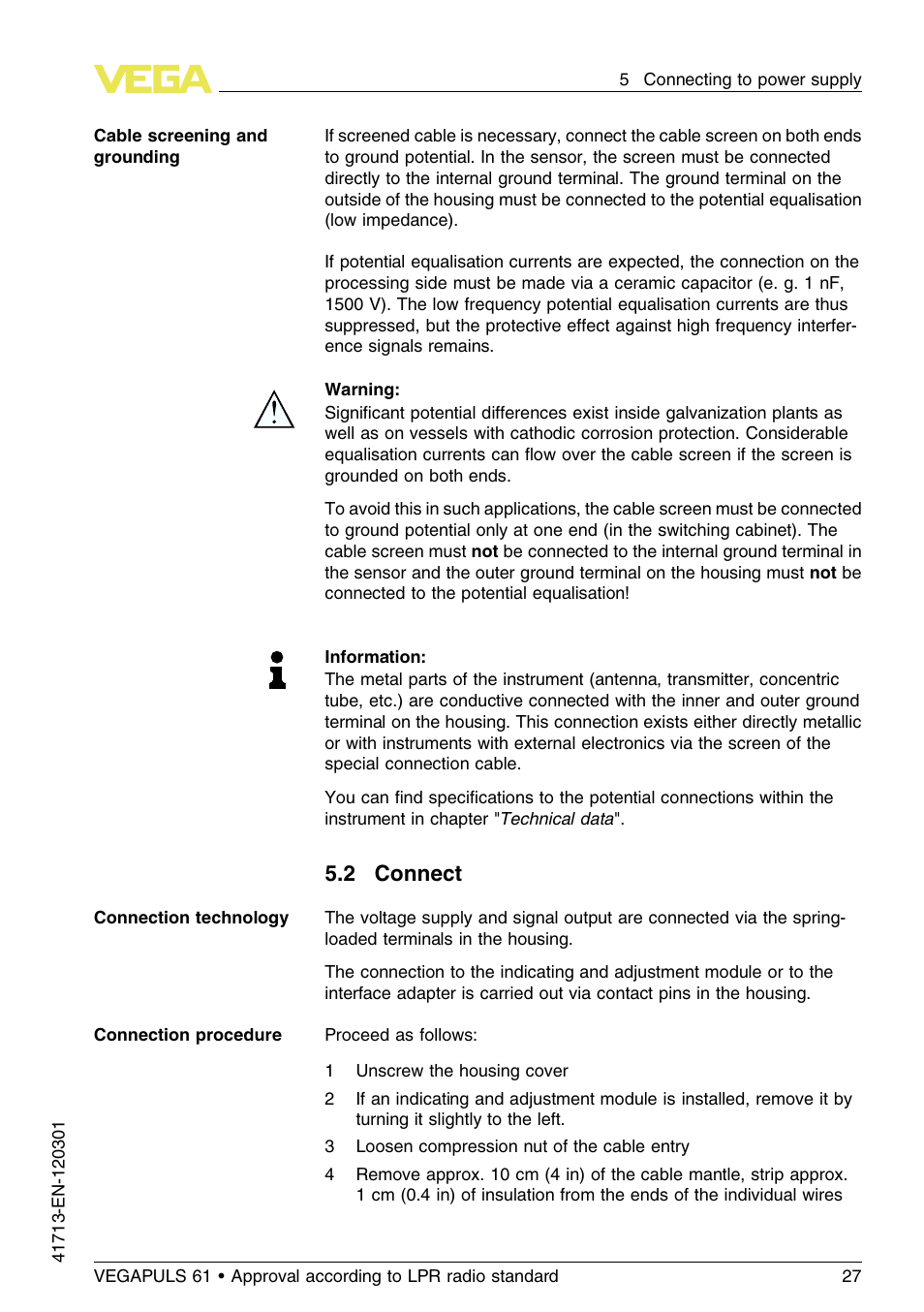 2 connect | VEGA VEGAPULS 61 (≥ 2.0.0 - ≥ 4.0.0) 4 … 20 mA_HART - two-wire Approval according to LPR radio standard User Manual | Page 27 / 88