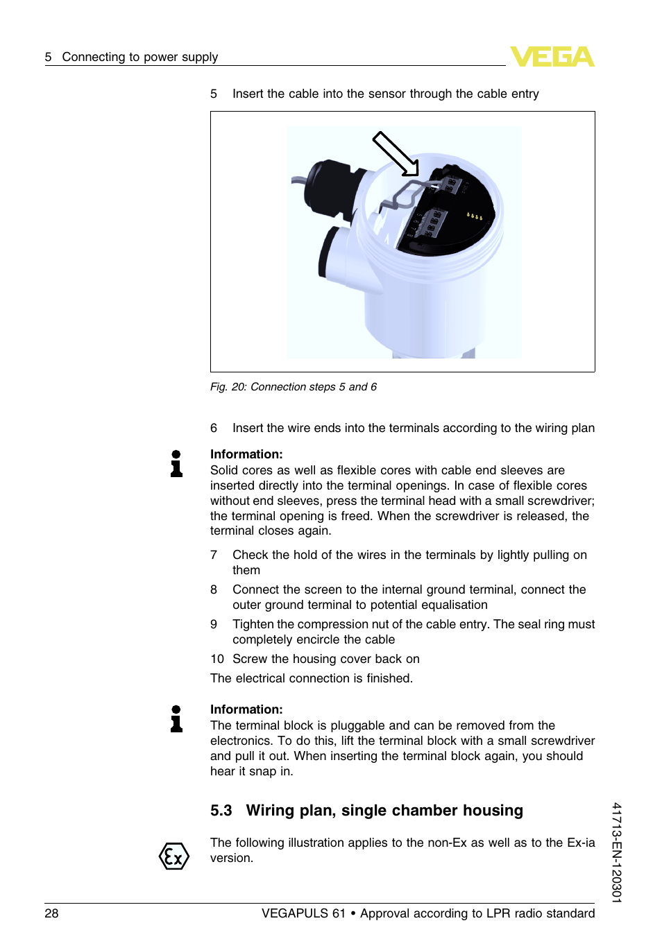 3 wiring plan, single chamber housing | VEGA VEGAPULS 61 (≥ 2.0.0 - ≥ 4.0.0) 4 … 20 mA_HART - two-wire Approval according to LPR radio standard User Manual | Page 28 / 88